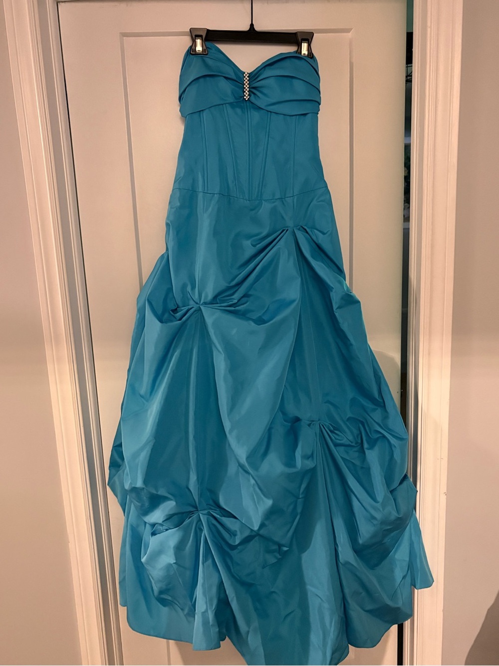 Strapless Blue Ball Gown with Ruched Skirt
